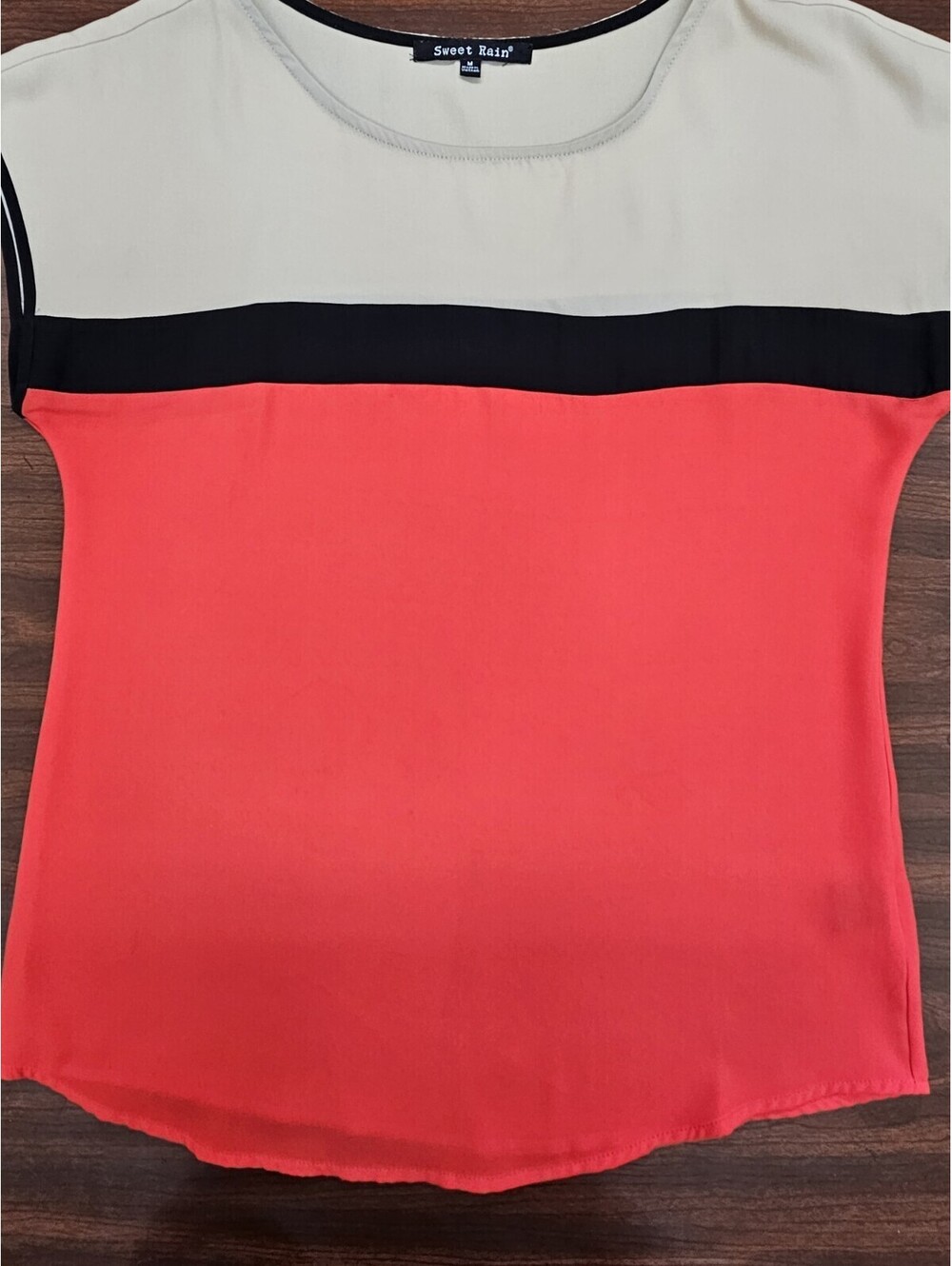 Sweet Rain Colorblock Blouse M Coral Black Beige Short Sleeve Smart Casual Top